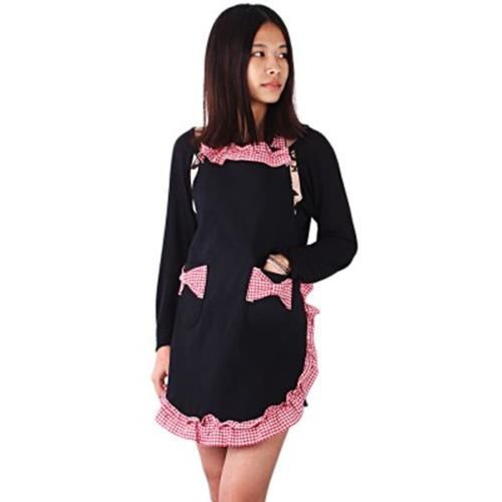 WOMEN KITCHEN BIB APRON CUTE COOKING FLIRTY VINTAGE DRESS WITH BOWKNOT POCKET (BLACK AND P WOMEN KITCHEN BIB APRON CUTE COOKING FLIRTY VINTAGE DRESS WITH BOWKNOT POCKET (BLACK AND P
