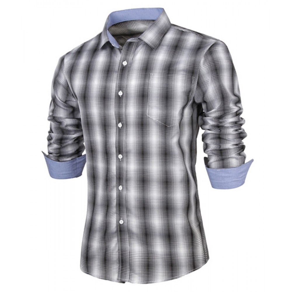 SLIMMING TURN-DOWN COLLAR FASHION PLAID PRINT POCKET EMBELLISHED LONG SLEEVES MEN'S SHIRT