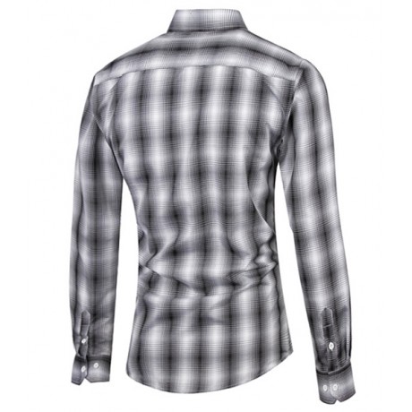 SLIMMING TURN-DOWN COLLAR FASHION PLAID PRINT POCKET EMBELLISHED LONG SLEEVES MEN'S SHIRT