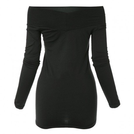 SEXY BOAT NECK LONG SLEEVE SOLID COLOR T-SHIRT FOR WOMEN