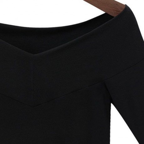 SEXY BOAT NECK LONG SLEEVE SOLID COLOR T-SHIRT FOR WOMEN
