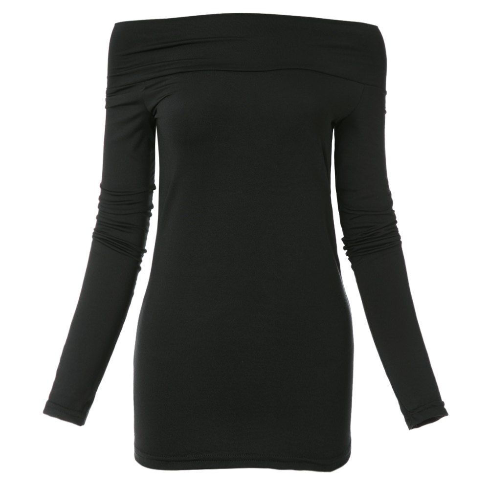 SEXY BOAT NECK LONG SLEEVE SOLID COLOR T-SHIRT FOR WOMEN