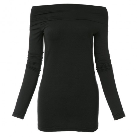 SEXY BOAT NECK LONG SLEEVE SOLID COLOR T-SHIRT FOR WOMEN