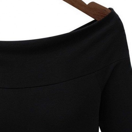 SEXY BOAT NECK LONG SLEEVE SOLID COLOR T-SHIRT FOR WOMEN