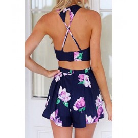 SEXY ROUND NECK BACKLESS FLORAL PRINT SUIT