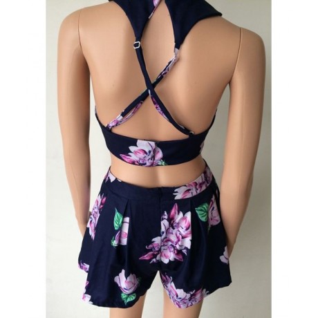 SEXY ROUND NECK BACKLESS FLORAL PRINT SUIT