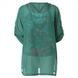 ELEGANT OFF-THE-SHOULDER LONG SLEEVE CHIFFON BLOUSE   FLORAL PRINT VEST WOMEN'S TWINSET