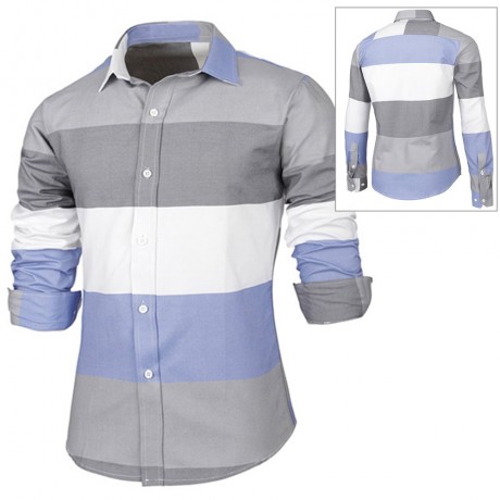 TRENDY DISTINCT COLOR BLOCK STRIPES PRINT TURN-DOWN COLLAR SLIMMING LONG SLEEVES MEN'S SHI