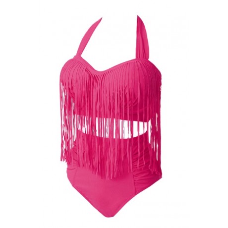 SOLID COLOR HIGH-WAISTED FRINGE DESIGN PLUS SIZE WOMEN'S BIKINI SET (BLACK, SIZE L/XL/2XL/