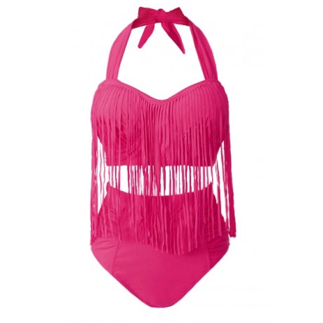 SOLID COLOR HIGH-WAISTED FRINGE DESIGN PLUS SIZE WOMEN'S BIKINI SET (BLACK, SIZE L/XL/2XL/