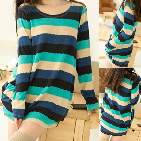 STYLISH SCOOP NECK STRIPED LONG SLEEVE SLIMMING T-SHIRT FOR WOMEN