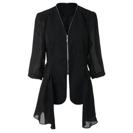 STYLISH V-NECK 3/4 SLEEVE CHIFFON SPLICED ZIPPERED WOMEN'S JACKET