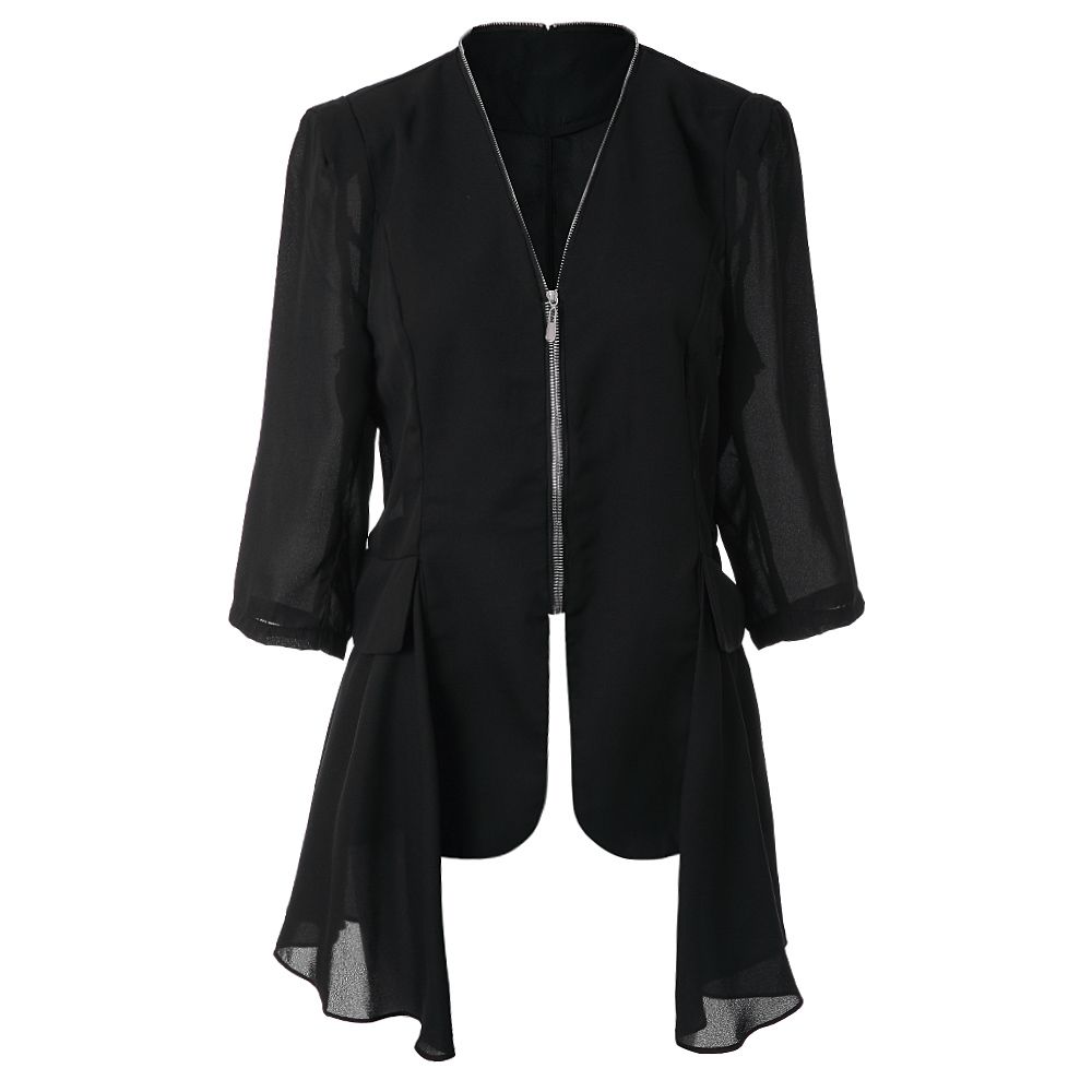 STYLISH V-NECK 3/4 SLEEVE CHIFFON SPLICED ZIPPERED WOMEN'S JACKET