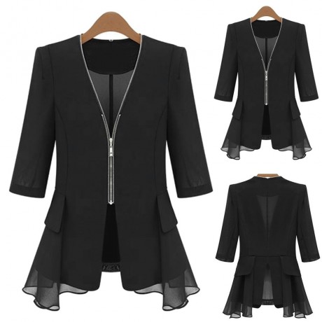 STYLISH V-NECK 3/4 SLEEVE CHIFFON SPLICED ZIPPERED WOMEN'S JACKET