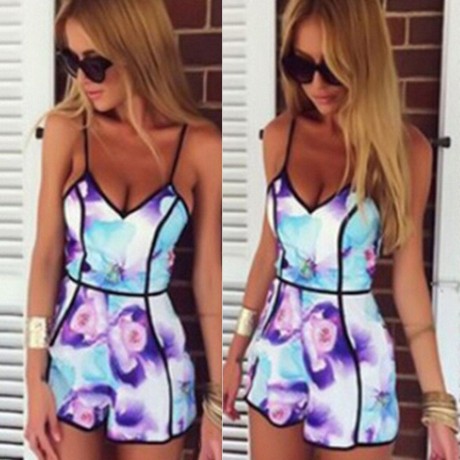 CHIC SPAGHETTI STRAP SLEEVELESS LOW CUT PRINTED WOMEN'S ROMPER