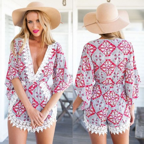 STYLISH PLUNGING NECK PRINTED LACE EMBELLISHED WOMEN'S ROMPER