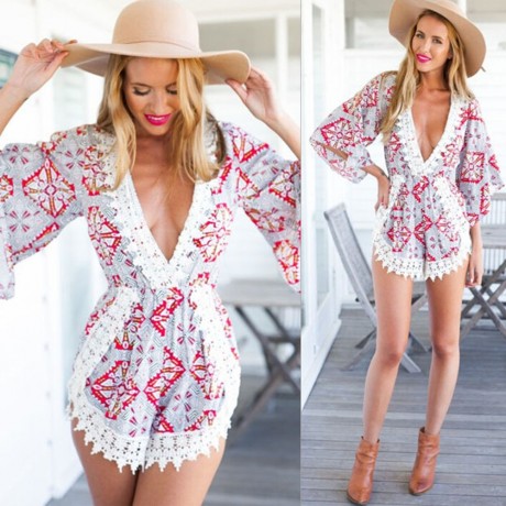 STYLISH PLUNGING NECK PRINTED LACE EMBELLISHED WOMEN'S ROMPER