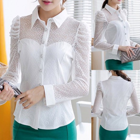 FASHIONABLE TURN-DOWN COLLAR LACE SPLICING LONG SLEEVE WOMEN'S BLOUSE
