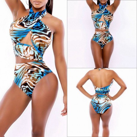 FASHIONABLE HALTER PRINT HIGH-WAISTED BIKINI SET FOR WOMEN