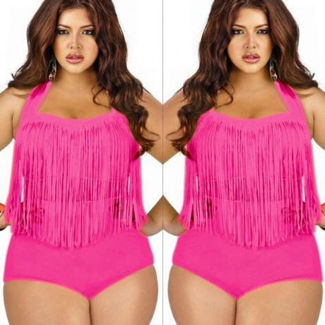 SOLID COLOR HIGH-WAISTED FRINGE DESIGN PLUS SIZE WOMEN'S BIKINI SET (BLACK, SIZE L/XL/2XL/