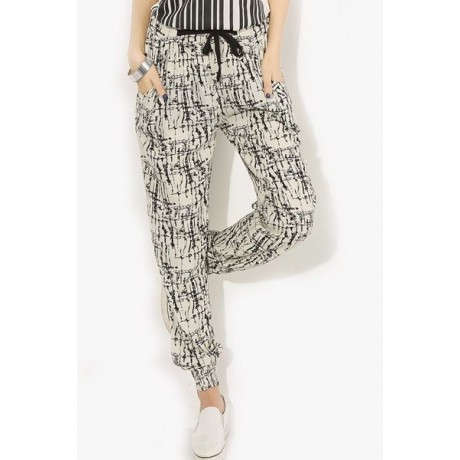STYLISH WAIST DRAWSTRING PRINTED POCKET DESIGN WOMEN'S PANTS