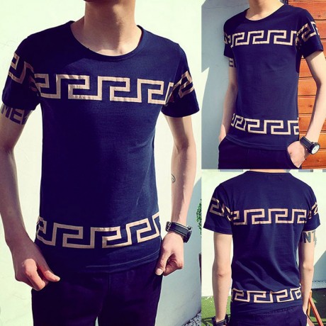 REFRESHING ROUND NECK SIMPLE GEOMETRIC PRINT SOLID COLOR SLIMMING SHORT SLEEVES MEN'S T-SH