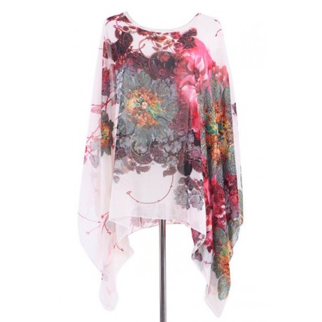 VINTAGE SCOOP COLLAR BATWING SLEEVE FLORAL PRINT ASYMMETRICAL CHIFFON WOMEN'S BLOUSE