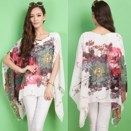 VINTAGE SCOOP COLLAR BATWING SLEEVE FLORAL PRINT ASYMMETRICAL CHIFFON WOMEN'S BLOUSE