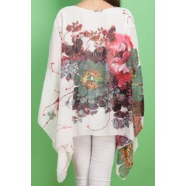 VINTAGE SCOOP COLLAR BATWING SLEEVE FLORAL PRINT ASYMMETRICAL CHIFFON WOMEN'S BLOUSE