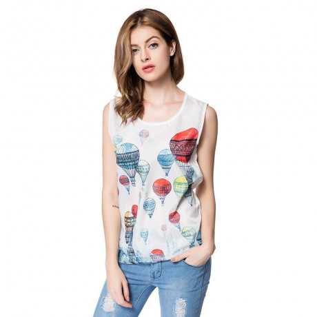 FASHIONABLE SCOOP COLLAR FIRE BALLOON PRINT CHIFFON WOMEN'S TANK TOP