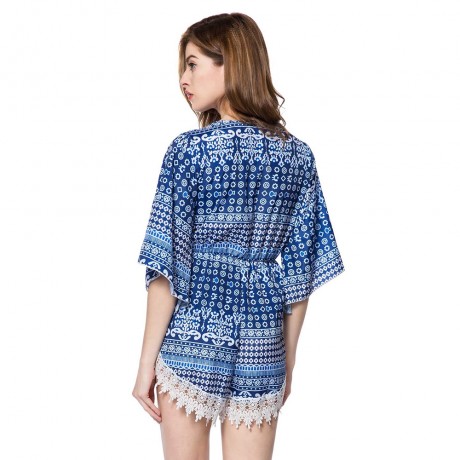 STYLISH PLUNGING NECK PRINTED LACE EMBELLISHED WOMEN'S ROMPER