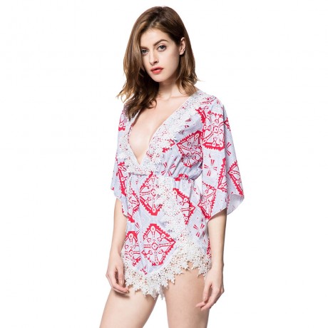 STYLISH PLUNGING NECK PRINTED LACE EMBELLISHED WOMEN'S ROMPER