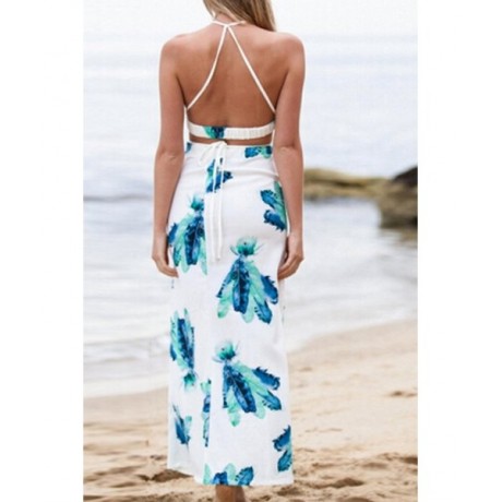 STYLISH JEWEL NECK PRINTED BACKLESS TOP AND HIGH SLIT SKIRT SUIT FOR WOMEN