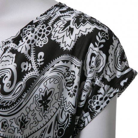 TRENDY SCOOP COOLAR SHORT SLEEVE PRINTED LOOSE-FITTING WOMEN'S BLOUSE