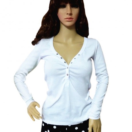 STYLISH V-NECK LONG SLEEVE BUTTON DESIGN SOLID COLOR WOMEN'S BLOUSE