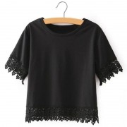 FRESH STYLE ROUND NECK SHORT SLEEVE LACE SPLICED PURE COLOR WOMEN'S T-SHIRT