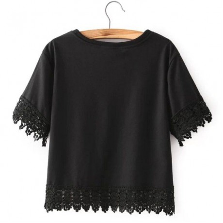 FRESH STYLE ROUND NECK SHORT SLEEVE LACE SPLICED PURE COLOR WOMEN'S T-SHIRT