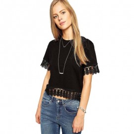 FRESH STYLE ROUND NECK SHORT SLEEVE LACE SPLICED PURE COLOR WOMEN'S T-SHIRT