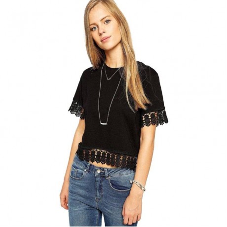 FRESH STYLE ROUND NECK SHORT SLEEVE LACE SPLICED PURE COLOR WOMEN'S T-SHIRT