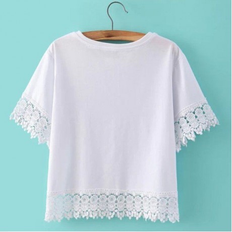 FRESH STYLE ROUND NECK SHORT SLEEVE LACE SPLICED PURE COLOR WOMEN'S T-SHIRT