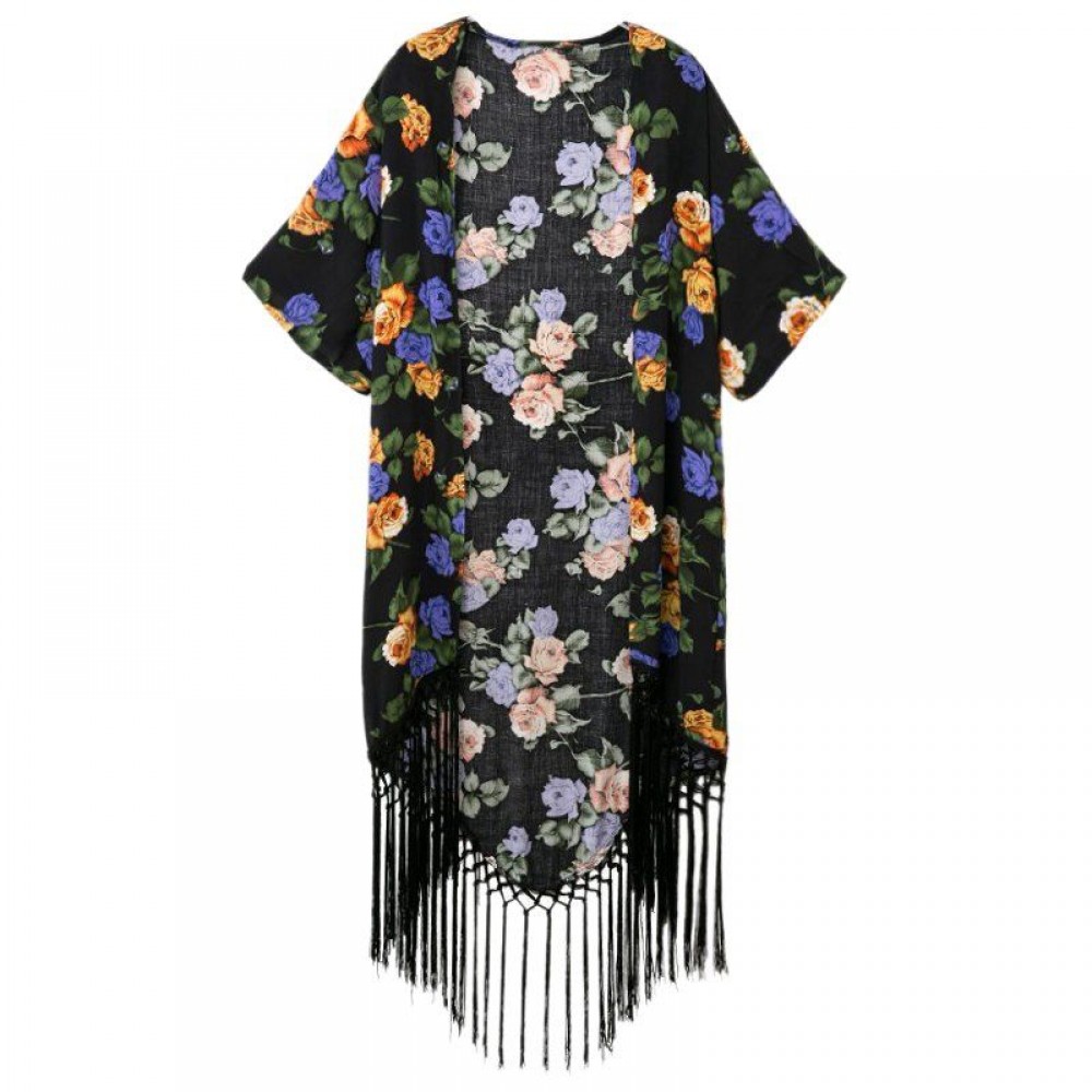 STYLISH COLLARLESS HALF SLEEVE FLORAL PRINT FRINGED WOMEN'S KIMONO BLOUSE