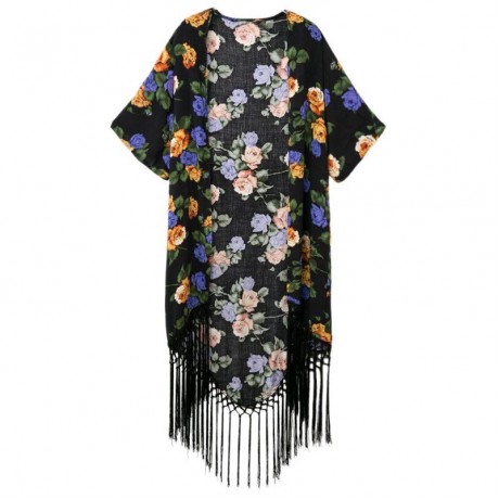 STYLISH COLLARLESS HALF SLEEVE FLORAL PRINT FRINGED WOMEN'S KIMONO BLOUSE