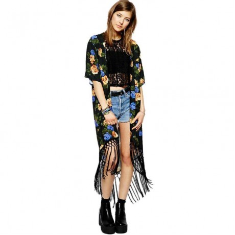 STYLISH COLLARLESS HALF SLEEVE FLORAL PRINT FRINGED WOMEN'S KIMONO BLOUSE