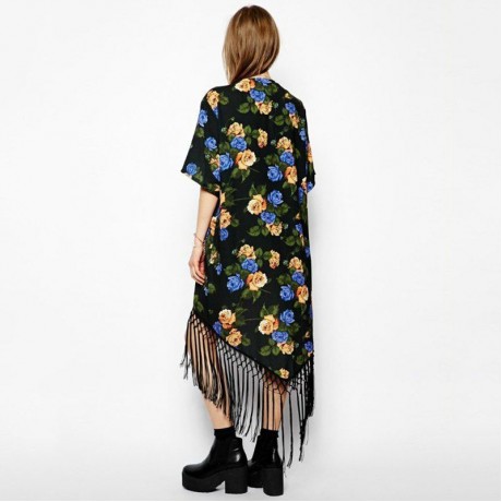 STYLISH COLLARLESS HALF SLEEVE FLORAL PRINT FRINGED WOMEN'S KIMONO BLOUSE