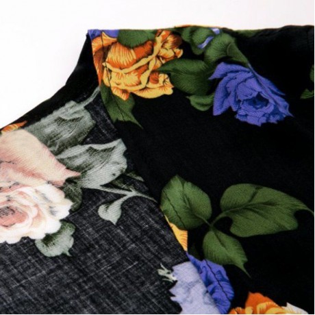 STYLISH COLLARLESS HALF SLEEVE FLORAL PRINT FRINGED WOMEN'S KIMONO BLOUSE