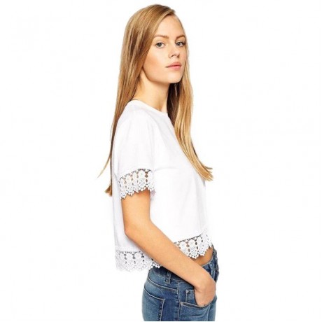 FRESH STYLE ROUND NECK SHORT SLEEVE LACE SPLICED PURE COLOR WOMEN'S T-SHIRT