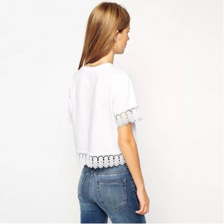 FRESH STYLE ROUND NECK SHORT SLEEVE LACE SPLICED PURE COLOR WOMEN'S T-SHIRT