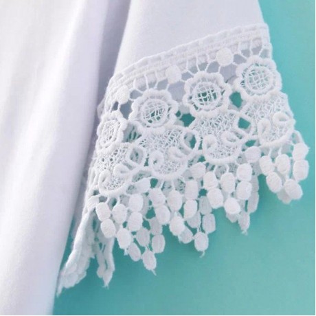 FRESH STYLE ROUND NECK SHORT SLEEVE LACE SPLICED PURE COLOR WOMEN'S T-SHIRT