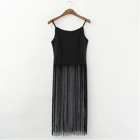 STYLISH SPAGHETTI STRAP PURE COLOR TANK TOP   ELASTIC WAIST FRINGED SKIRT WOMEN'S TWINSET