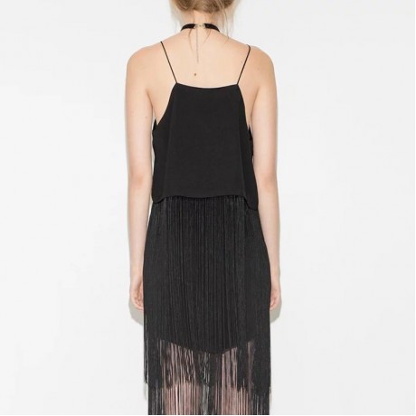 STYLISH SPAGHETTI STRAP PURE COLOR TANK TOP   ELASTIC WAIST FRINGED SKIRT WOMEN'S TWINSET